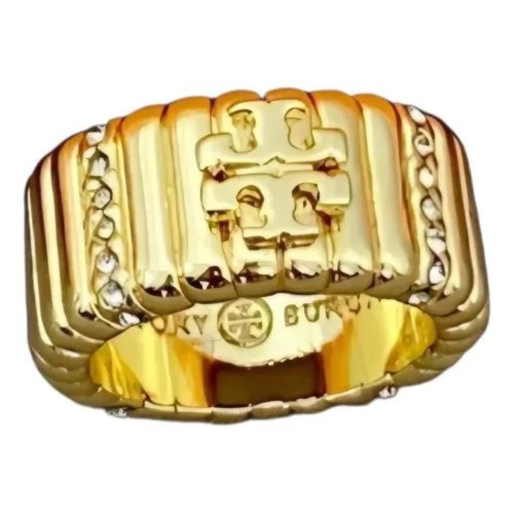 Tory Burch Raised Logo Statement Ring with Pave Crystals / NWT with Dustbag/Sz 7